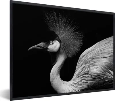 Produktbild von MuchoWow® Gerahmtes Poster Kranich - Schwarz - Weiß - Vogel - Tiere 80x60 cm - Poster mit Schwarzem Bilderrahmen Wandposter Rahmen Foto Bilder - Schwarzem - Mit Gestell