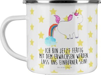Produktbild von Mr. & Mrs. Panda Pott Einhorn Pupsen - Weiß - Geschenk, Freundin, Spaß, Lustig, Emaille Tasse, Regenbogen, Campingbecher, Unicorn, Teetasse, Emailletasse, becher