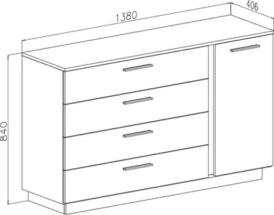 A 3D line drawing of a white dresser with golden handles and a single cabinet door on the right side. Dimensions are indicated with numbers.