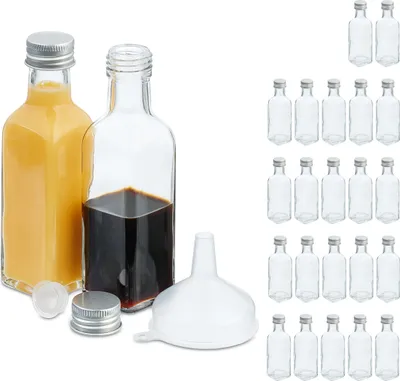 Obrázok produktu pre Relaxdays malé fľaštičky, sada 24 ks, 100 ml, sklenené fľaštičky na plnenie, skrutkovacie viečko a zátka, priehľadné/strieborné