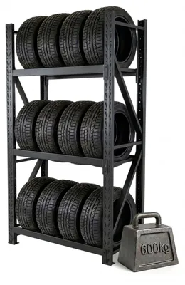Immagine prodotto di Scaffale per pneumatici Relaxdays per 12 pneumatici, A x L x P 180 x 120 x 50 cm, 600 kg, acciaio, sistema a incastro, scaffale per ruote da officina, nero