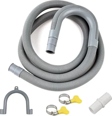 A gray corrugated hose with grey connectors, along with a grey U-shaped hook and two hose clamps with yellow handles, laid out on a white background.