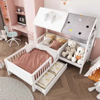 Image de AIORBER Lit d'enfant, lit de maison en bois, lit simple 90 x 200 cm,avec tiroirs de rangement, toile de tente & coussins, design multifonctionnel, facile d'entretien,Blanc