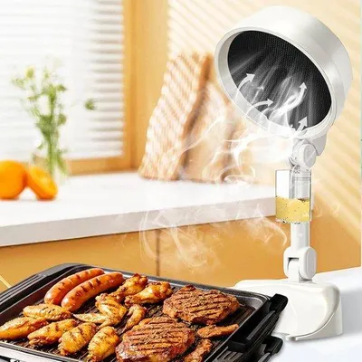 Image de Ventilateur portable d'intérieur et d'extérieur, sans fil, à 3 vitesses, hauteur et inclinaison réglables, ventilateur de cuisine rechargeable avec bac de récupération des graisses, idéal pour les petits appartements, les chambres, les caravanes, les barbecues et les fondues.