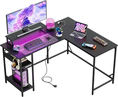 Immagine prodotto di Tavolo da gioco 2-in-1, trasformabile in forma a L o a I, con illuminazione RGB, supporto per monitor e ripiano, ideale per l'ufficio domestico, colore nero