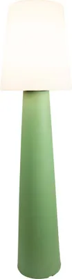 A green floor lamp with a white lampshade against a white background.