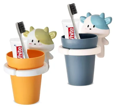 Produktbild von Zahnbürstenhalter Kinder Cartoon Tier Wandmontage ohne Bohren mit Tasse Gelb+Blau