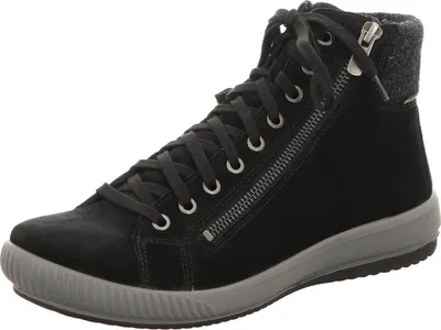 A single black high-top sneaker with a gray sole is shown against a white background.