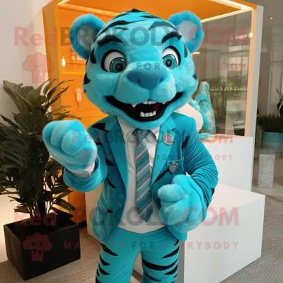 Produktbild von Türkisfarbener REDBROKOLY Tiger Maskottchen Kostüm gekleidet mit Anzug und Manschettenknöpfen