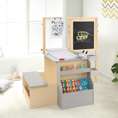 Produktbild von 6 in 1 Kinder Staffelei Set mit Doppelseitiger Kreidetafel & Whiteboard & Papierrolle Grau
