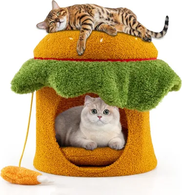 Produktbild von COSTWAY Katzenhaus, Hamburgerförmig, Katzenhöhle mit Höhle, waschbarem weichem Kissen, großem Katzenbett Spielzeug, Schlafplatz, Katzenmöbel, Orange