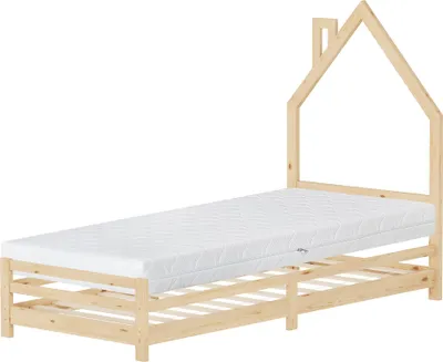 A wooden children's bed with a mattress, set against a white background.
