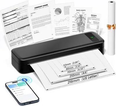 Zdjęcie produktu dla Przenośna drukarka termiczna A4 z bezprzewodowym Bluetooth, kompatybilna ze smartfonami i komputerami, idealna do użytku biurowego, domowego i w podróży