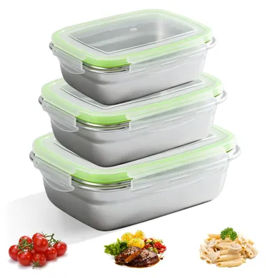 Zdjęcie produktu dla Omgoods - Zestaw 3 szczelnych pojemników na lunch ze stali nierdzewnej, o pojemności 350 ml, 850 ml i 1800 ml