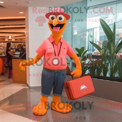 Produktbild von Maskottchen REDBROKOLY eines orangefarbenen Flamingos mit einem T-Shirt mit Aufdruck und Aktentaschen