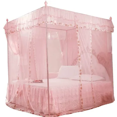 Image de Rideaux de ciel de lit - Moustiquaire pour 2 personnes - Trois ouvertures sur les côtés - Polyester - Rose - Dimensions : 120 x 200 x 200 cm