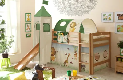 Produktbild von Rutschbett ROBI R XL Buche Natur inkl.Vorhang und Turm Dschungel