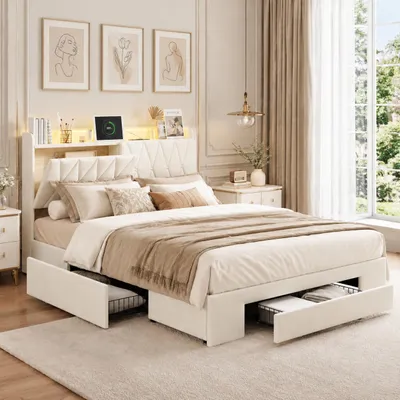 Obrázek produktu pro Postel INONEFT, dvojlůžko, 160 x 200 cm, čalouněná postel s úložným prostorem, s LED osvětlením a USB porty, postel pro dospělé se 3 zásuvkami, potah z veluru, barva béžová