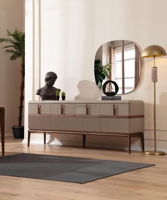 Produktbild von Beige Esszimmer Möbel Luxus Holz Anrichte 4-türig Glas Spiegel 2tlg Set