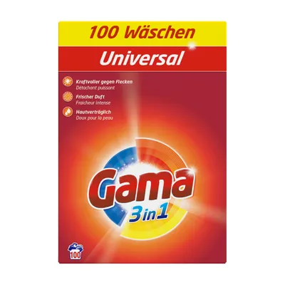A product shot of Gama Universal 3in1 washing powder packaging.