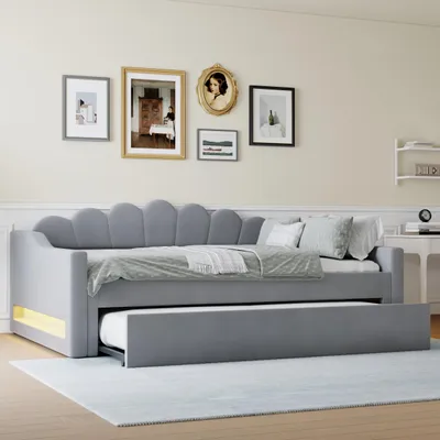 Produktbild von Sweiko Gepolstertes 140 x 200 cm Tagesbett mit LED-Gürtel und Ausziehbett, Grau