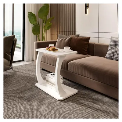 Produktbild von Beistelltisch Stattela C-Form Nachttisch 59 x 35 x 56 cm Wohnzimmertisch mit 4 Rollen Kaffeetisch rechteckig Weiß