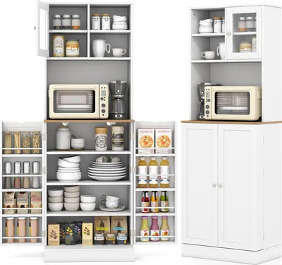 Produktbild von KOMFOTTEU Hohe Küchenschrank 170 cm mit verstellbaren Regalen, Buffetschrank mit Kabellöchern, Tür aus gehärtetem Glas, Buffet für Wohnzimmer, Esszimmer, Mehrzweckschrank 60 x 35 x 170 cm, Weiß