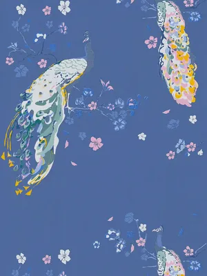 Produktbild von Vliestapete mit Pfau Muster und Glanzeffekt – Blau, Rosa, Bunt