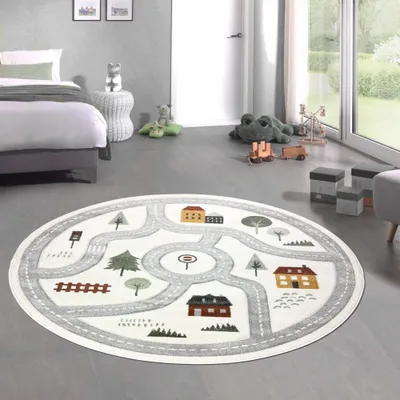 Produktbild von Runder Spielteppich mit Straßenmotiv Weich, Pflegeleicht & Strapazierfähig für Kinderzimmer & Spielbereiche in creme Größe - 140 cm Rund