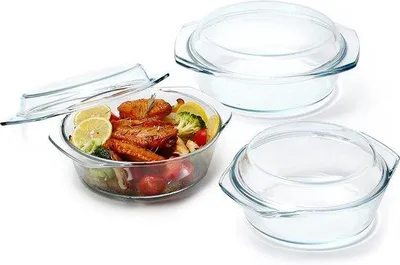 Zdjęcie produktu dla Formy do zapiekania Unyqoos® ze szkła z pokrywkami, odporne na wysokie temperatury, okrągłe – zestaw 3-częściowy (1 l, 1,4 l, 1,7 l)