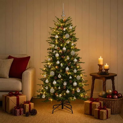 Productafbeelding van Kunstkerstboom met kerstbal 150 cm 150 LED's Warmwit PE & PVC