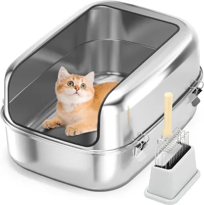 Produktbild von Große Halbschalen-Katzenbox mit herausnehmbarer Schublade und hohem Rand - Edelstahl - Einfach zu reinigen