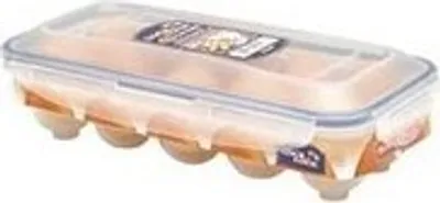 A clear plastic container holding brown eggs, viewed from a slight diagonal angle.