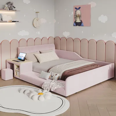 Produktbild von Merax Polsterbett 140x200 mit Schreibtisch und Hocker, Kinderbett mit Weiches Samtkopfteil, Einzelbett mit Ablageboden und Stabile Holzlatten, Rosa