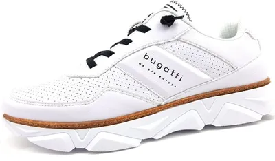 A white Bugatti sneaker is shown from the side against a white background.