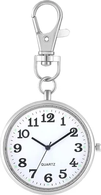 A silver fob watch with a carabiner clip attached, shown against a white background.