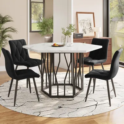 Productafbeelding van Sweiko Eetkamerset (5-delig), modern zeshoekig marmeren eettafel + 4 eetkamerstoelen bekleed met zwarte fluweel, om een warme en moderne sfeer te creëren