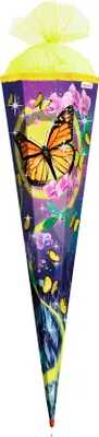 Produktbild von ROTH Schultüte Schmetterling 85 cm groß Glitter Rüschenborte eckig Rot(h)-Spitze Zuckertüte Schulanfang