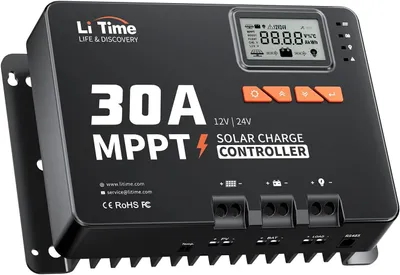 Immagine prodotto di Regolatore di carica solare 30A MPPT, 12V/24V, con display LCD e Bluetooth, compatibile con batterie al litio