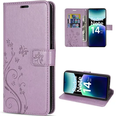 Image de Coque pour Xiaomi Redmi Note 14 Pro Plus 5G, Protection Rabat Synthécuir Motif Papillon Fleur Violet