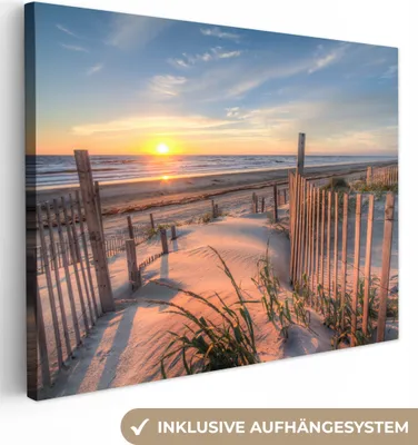 Produktbild von MuchoWow® - Leinwandbilder - Strand - Meer - Düne - Sonnenuntergang - Landschaft, Wandbild, Wanddeko Bilder Wohnzimmer, 40x30 cm