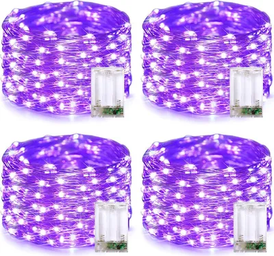 Productafbeelding van Set van 4, elk met 10 meter en 100 LED's, koperdraad lichtketting, paars, op batterijen, voor binnen, bruiloft, feest, kerst, Halloween decoratie
