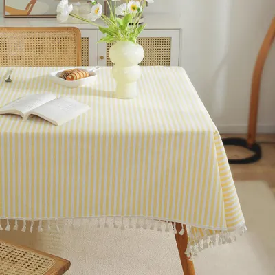 Immagine prodotto di Tovaglia a righe, rettangolare, con frange, 100 x 100 cm, giallo/bianco, cotone/poliestere