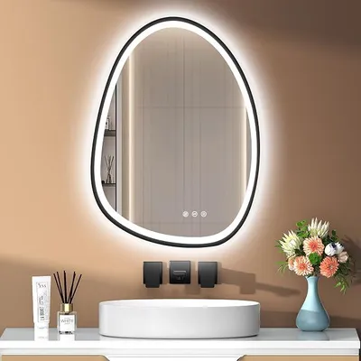 Zdjęcie produktu dla Lustro z oświetleniem. Asymetryczne lustro do łazienki LED, 75x55 cm, z przyciskiem dotykowym – funkcja zapobiegająca parowaniu, 3 barwy światła, możliwość regulacji jasności i funkcja zapamiętywania ustawień, kolor czarny (możliwość montażu w poziomie lub w pionie)