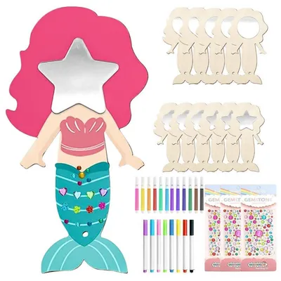 Produktbild von Bastelset Holzspiegel zum Bemalen 12 Stück Meerjungfrau Prinzessin DIY Malen Kreativ Set Mitgebsel Geschenk Party