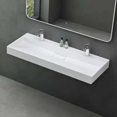 Produktbild von Mai & Mai Waschbecken Aufsatzwaschbecken matt weiß Hänge-Waschtisch Rechteckig 2 Armaturenloch Breite: 120cm inkl. Ablaufgarnitur Col19