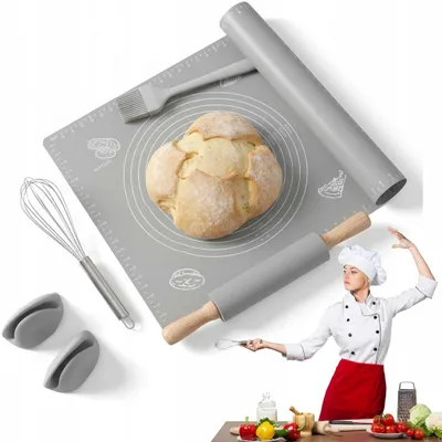 Zdjęcie produktu dla Akcesoria Przybory Kuchenne Zestaw Kuchenny Silikonowy MEGA Stolnica Silikonowa 40x50 Rękawice Wałek Pędzelek XL