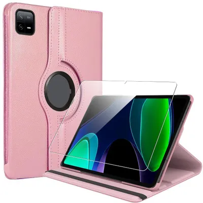 Image de Coque + Verre Trempé pour Xiaomi Pad 6 / 6 Pro, Rotation 360° Antichoc Cuir Synthétique Rose