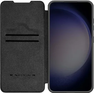 A black flip case for a smartphone is shown open, revealing the inside of the case and the smartphone screen.