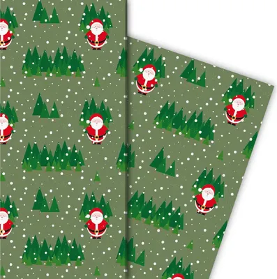 Produktbild von Schnee Weihnachts Geschenkpapier mit Weihnachtsmann im Wald, grün - G4778, 32 x 48cm